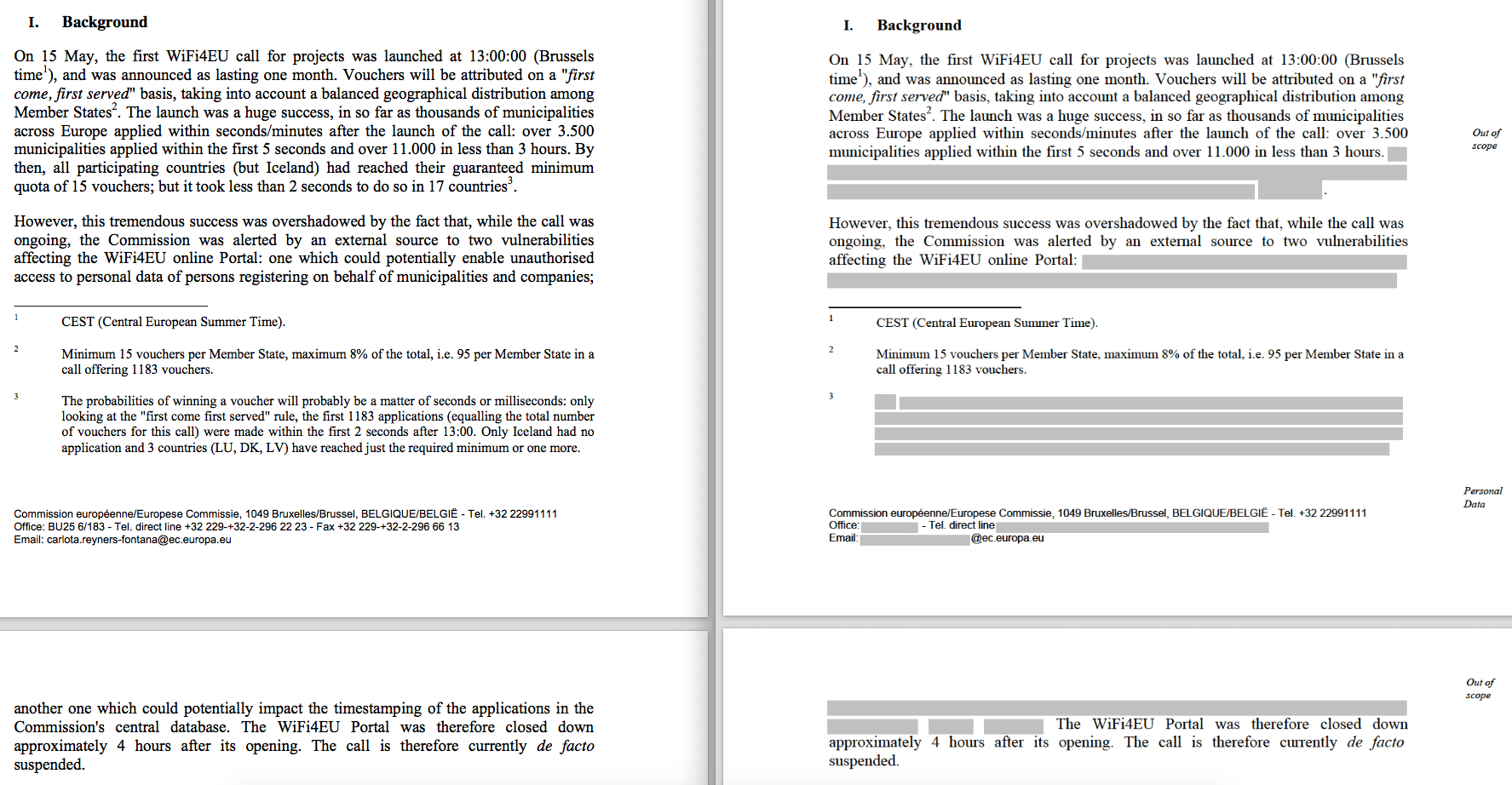 Esquerra: versió del mes de maig de la nota sobre l'error tècnic de fons de WiFi4EU. Dreta: nova versió completa de la mateixa nota. (Foto: EUobserver)